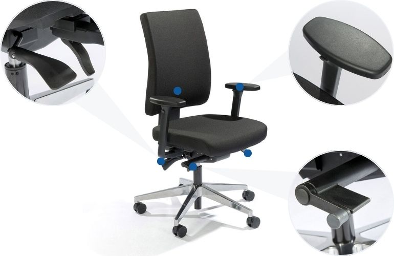 Réglages Flexaro Custom NPR chaise de bureau ergonomique Vue d'ensemble des fonctions réglables de la chaise de bureau ergonomique Flexaro Custom NPR, y compris la hauteur du dossier, la profondeur d'assise, les accoudoirs et l'inclinaison de l'assise