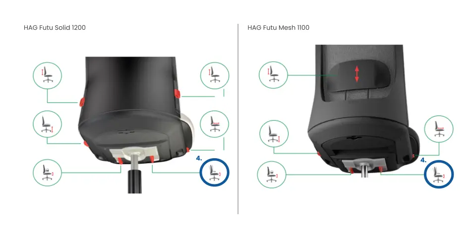 Adjusting the HÅG Futu rocking resistance — slide the knob located to the right under the seat