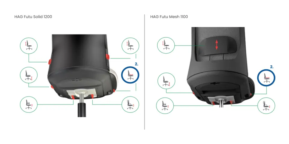HÅG Futu seat depth adjustment — button to the right under the seat